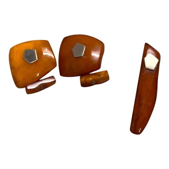Old Amber Tie Clasp Clip Cufflinks Sterling Vtg Baltic Honey Stone Butterscotch - Picture 1 of 6